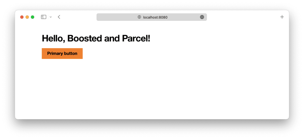 Boosted-branded webpage with the title ’Hello, Boosted and Parcel!’ and an orange primary button